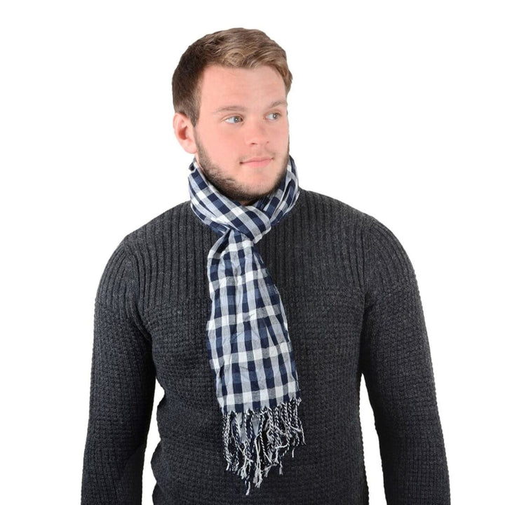 Bulk Pack Of 12 Mens Blue Check Milan Lightweight Woven Scarf Fringed