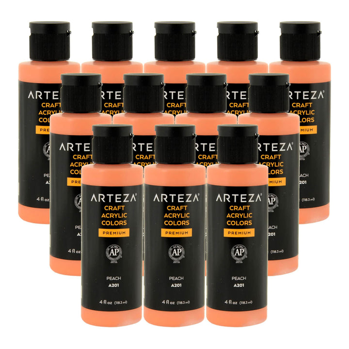 12 bottles of peach coloured acrylic paint on a white background