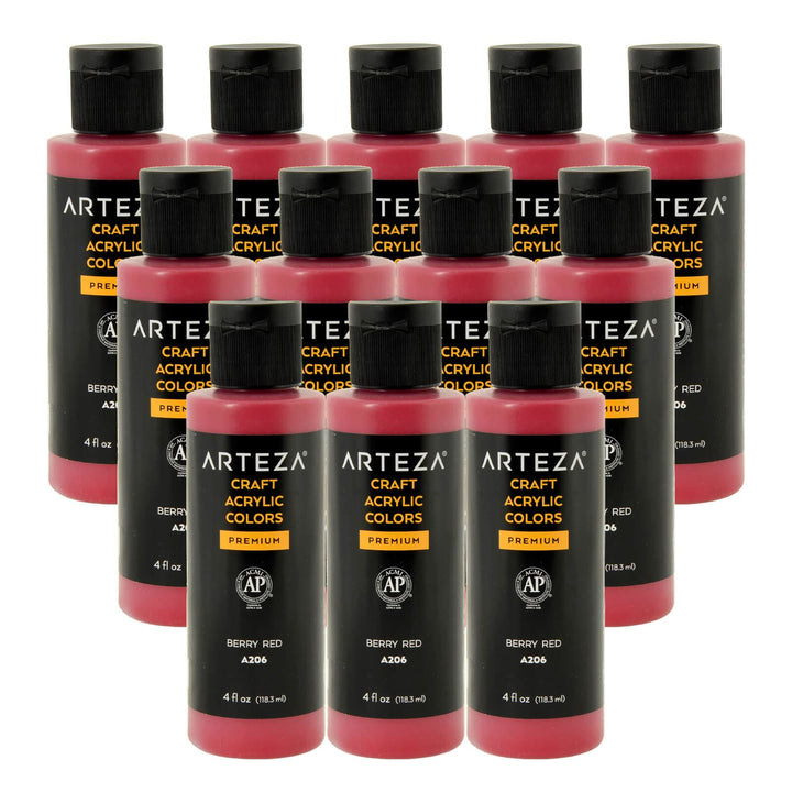 12 bottles of berry red acrylic paint on a white background