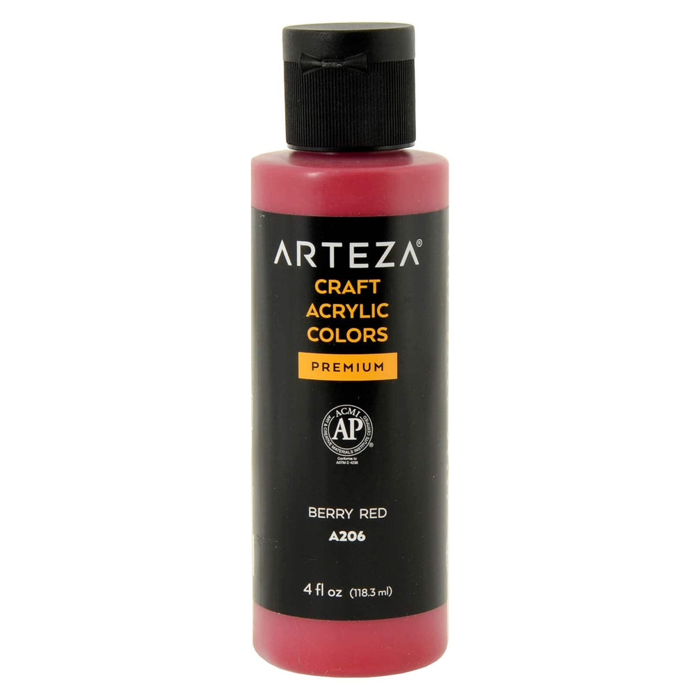 Bottle of Arteza A206 Berry Red acrylic paint on a white background