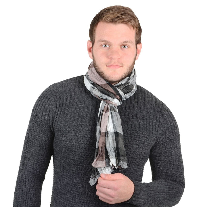 Bulk Pack Of 12 Mens Brown Grey Check Roma Lightweight Woven Scarf