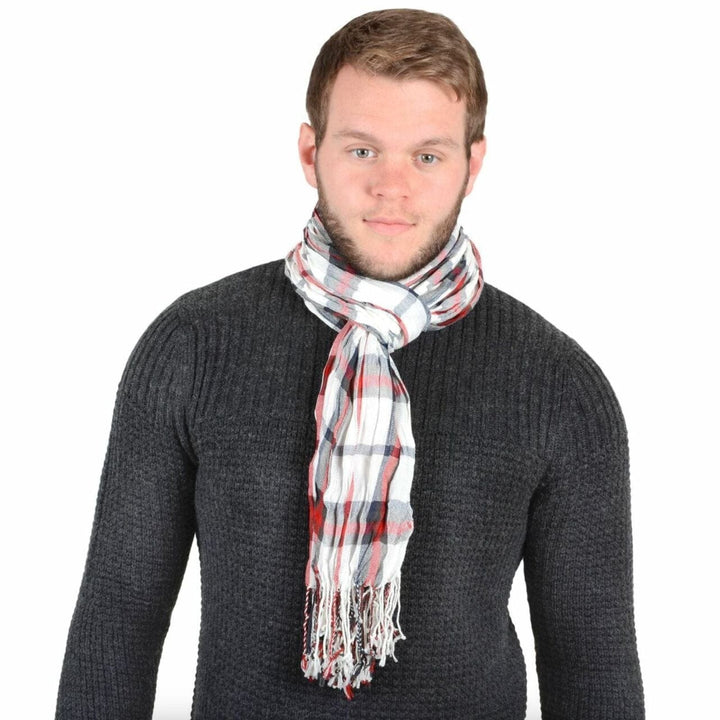 Bulk Pack Of 12 Mens Red Check Venice Lightweight Woven Scarf Fringed