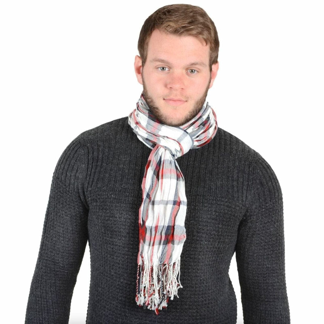 Bulk Pack Of 12 Mens Red Check Venice Lightweight Woven Scarf Fringed