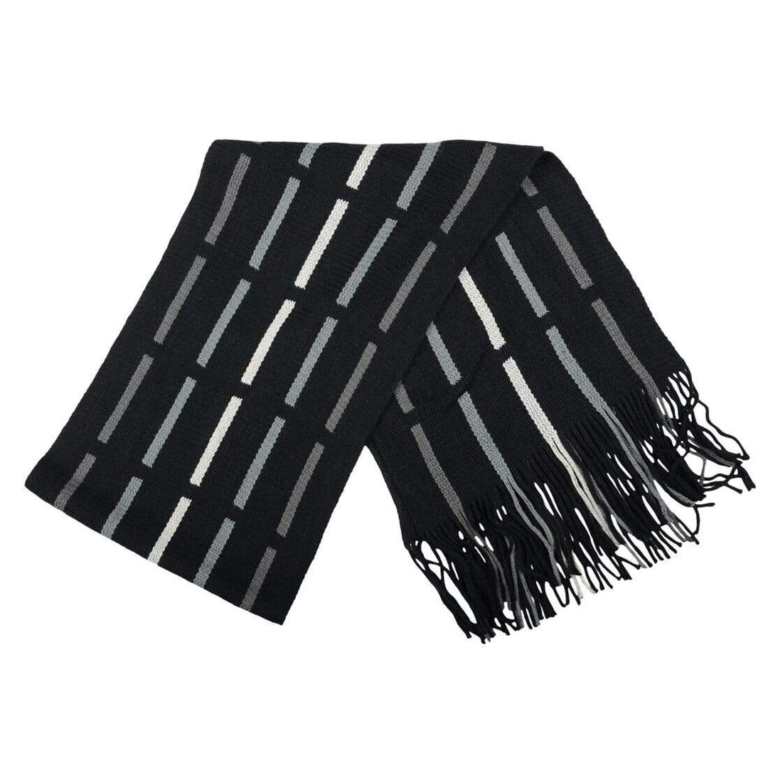 Black and gray striped scarf with fringes on a white background