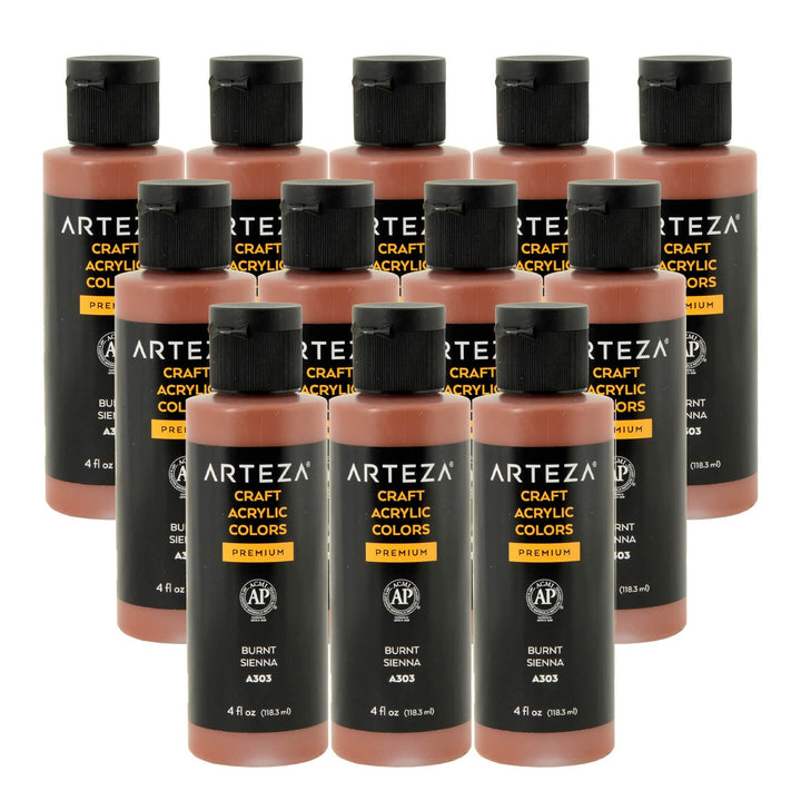 12 bottles of burnt sienna acrylic paint on a white background