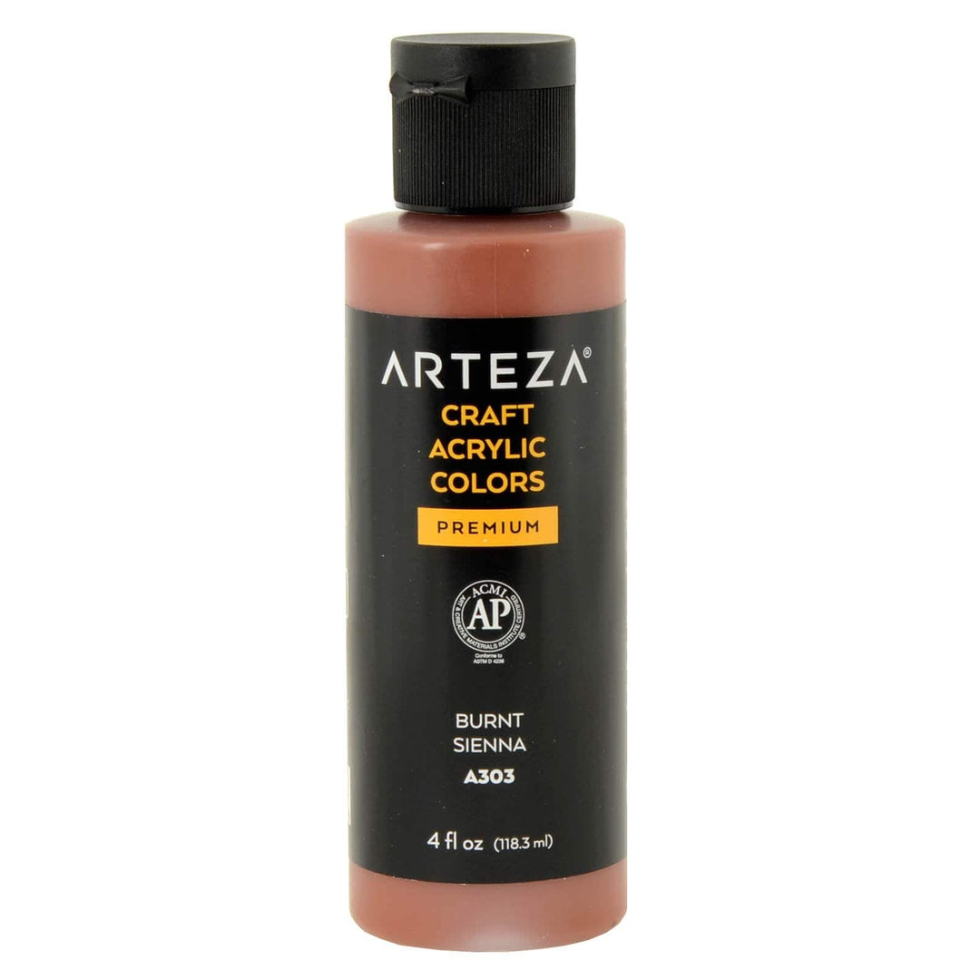 bottle of Arteza A303 Burnt Sienna coloured paint on a white background