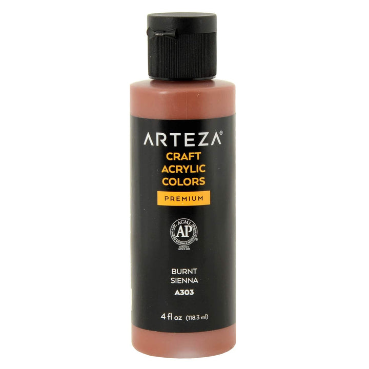 bottle of Arteza A303 Burnt Sienna coloured paint on a white background