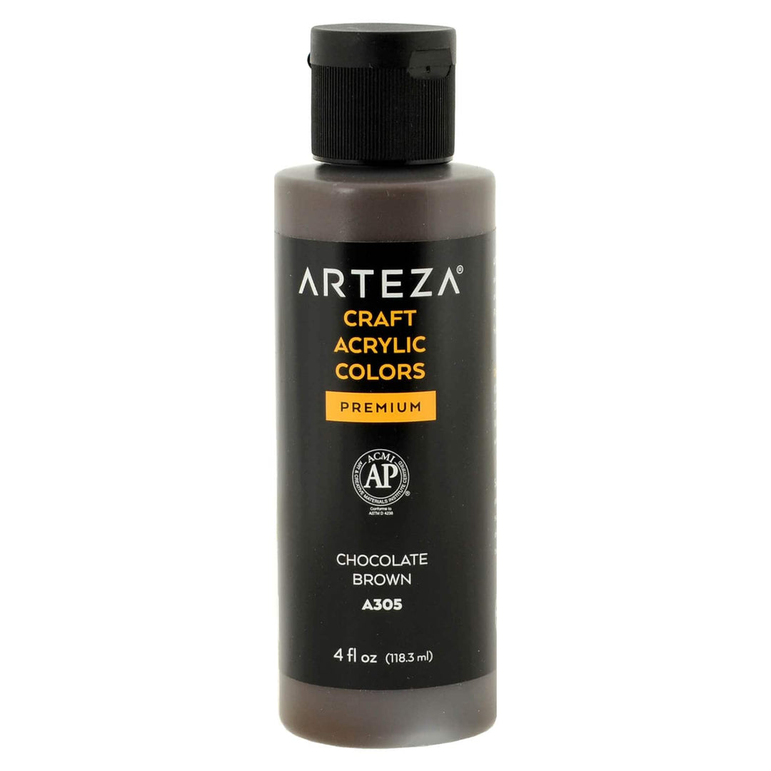bottle of Arteza A305 Chocolate Brown acrylic paint on a white background