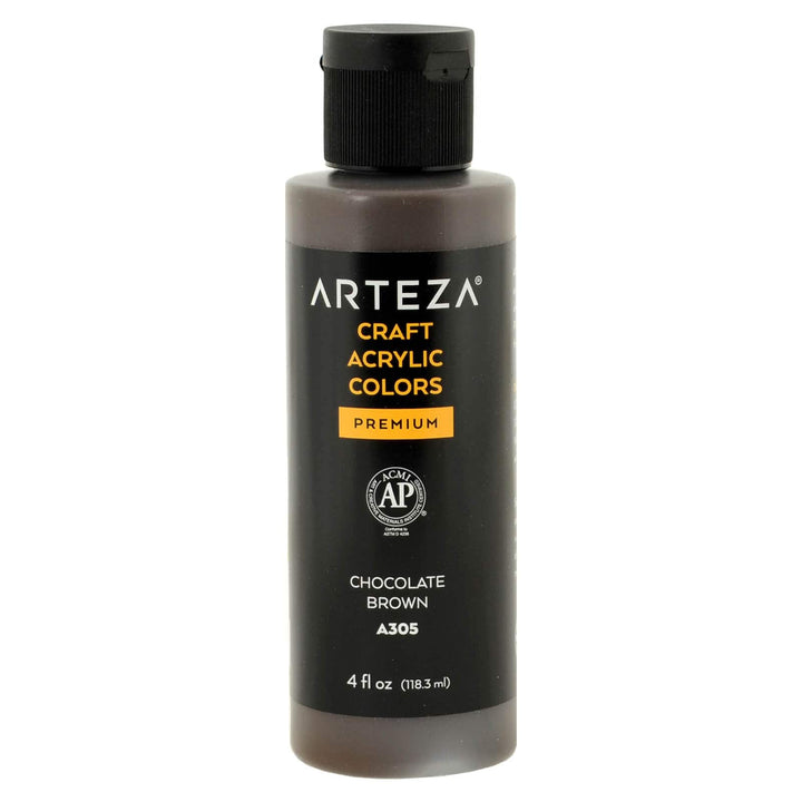 bottle of Arteza A305 Chocolate Brown acrylic paint on a white background