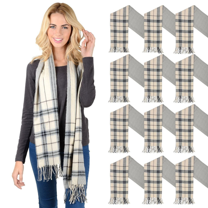 Bulk Pack Of 12 Womens Isla Scarf Cream Check Tartan Soft Woven Fringe