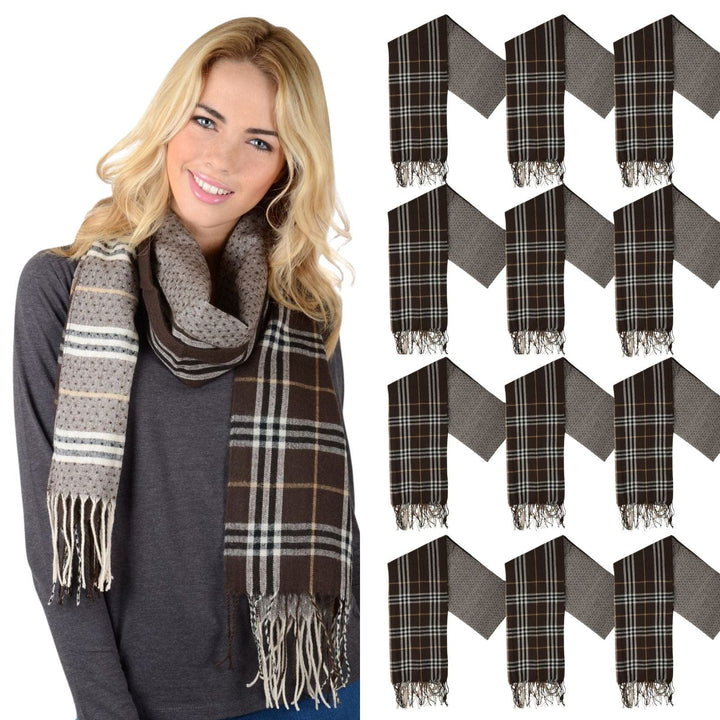 Bulk Pack 12 Womens Winter Scarf Brown Check Tartan Soft Woven Fringe