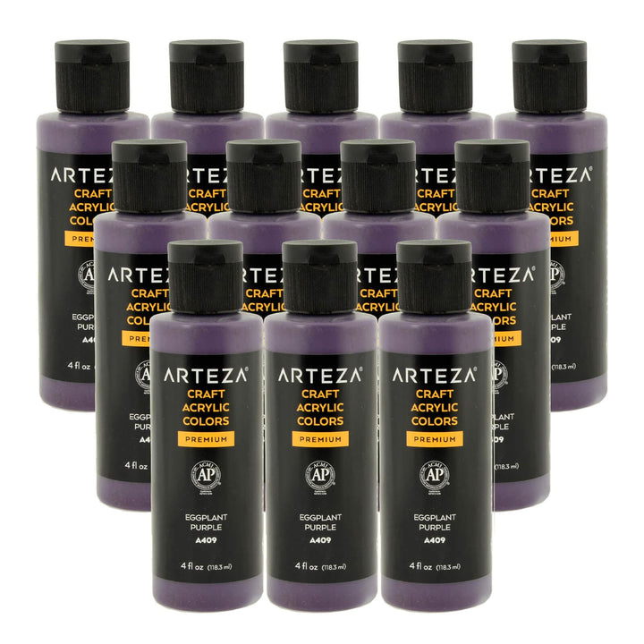 12 bottles of purple acrylic paint on a white background