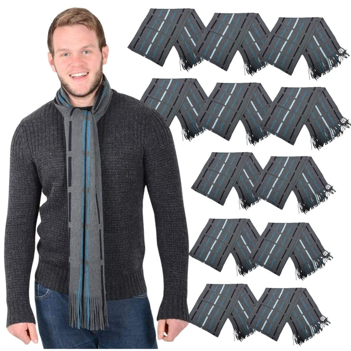 Bulk Of Pack 12 Mens Grey Blue Stripes Design Knitted Scarf Fringed