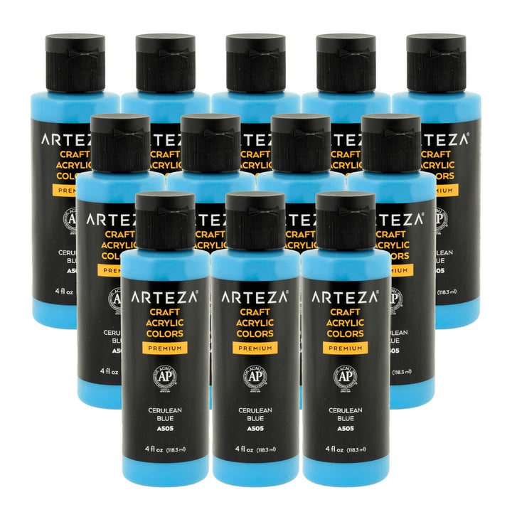 12 bottles of bright blue acrylic paint on a white background