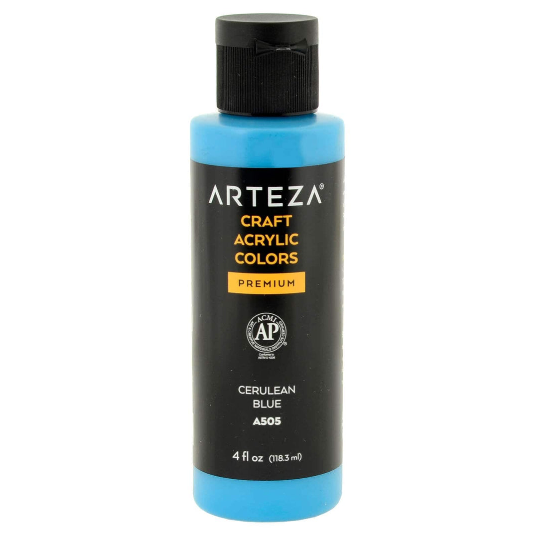 bottle of Arteza branded A505 Cerulean Blue acrylic paint on a white background