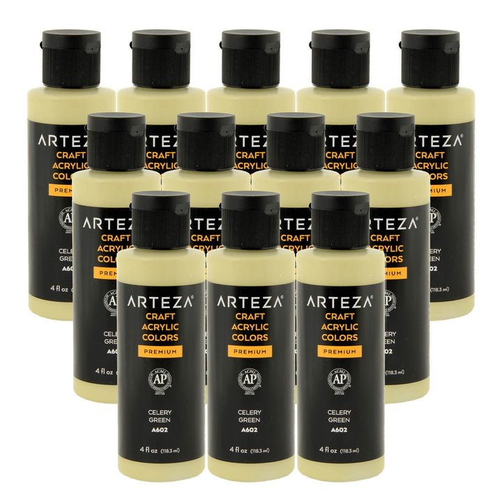 12 bottles of light green acrylic paint on a white background