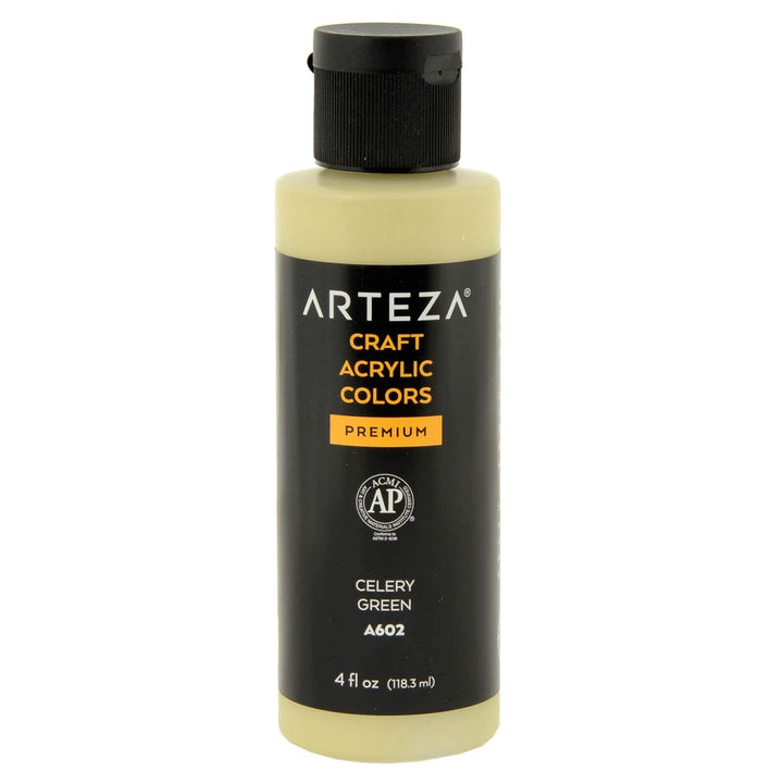 bottle of Arteza branded A602 Celery Green acrylic paint on a white background