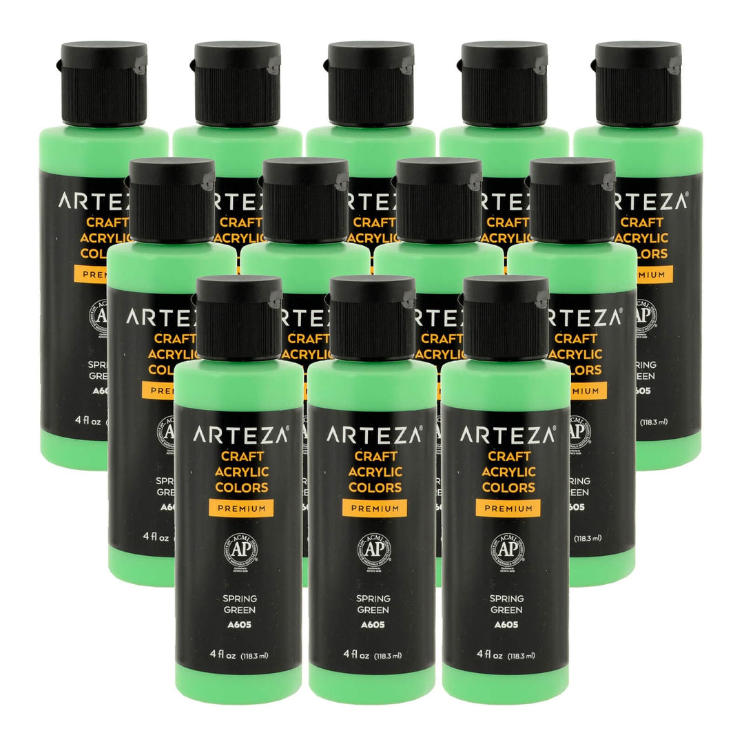 12 bottles of bright green acrylic paint on a white background