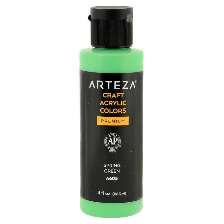 Bottle of Arteza brand A605 Spring Green acrylic paint on a white background
