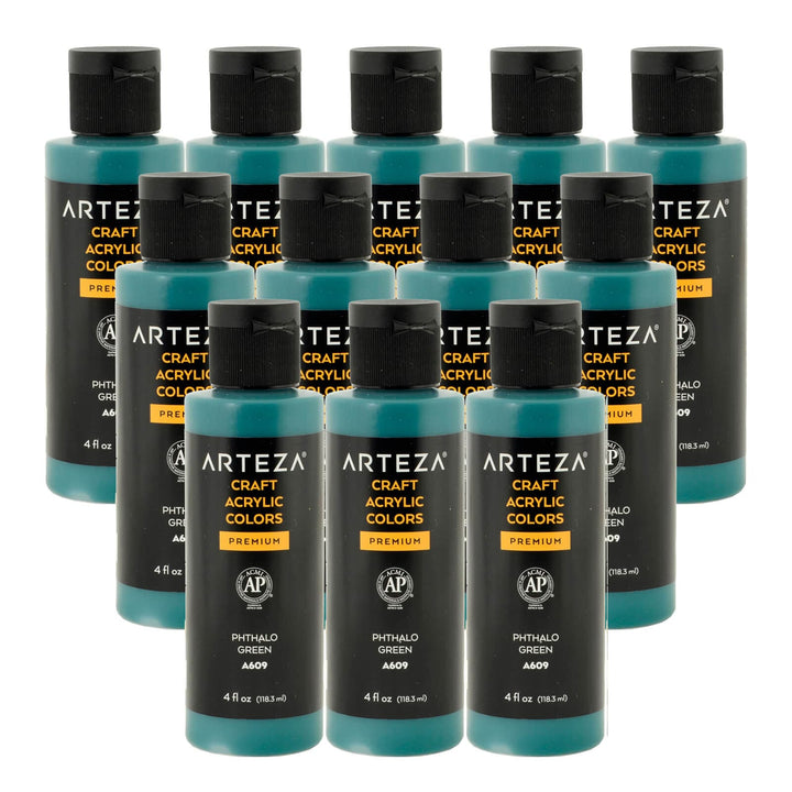 12 bottles of Phthalo Green acrylic paint on a white background