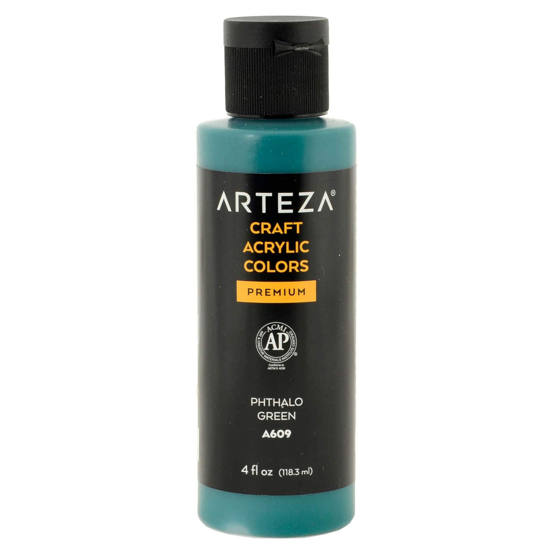 bottle of Arteza branded A609 Phthalo green acrylic paint on a white background