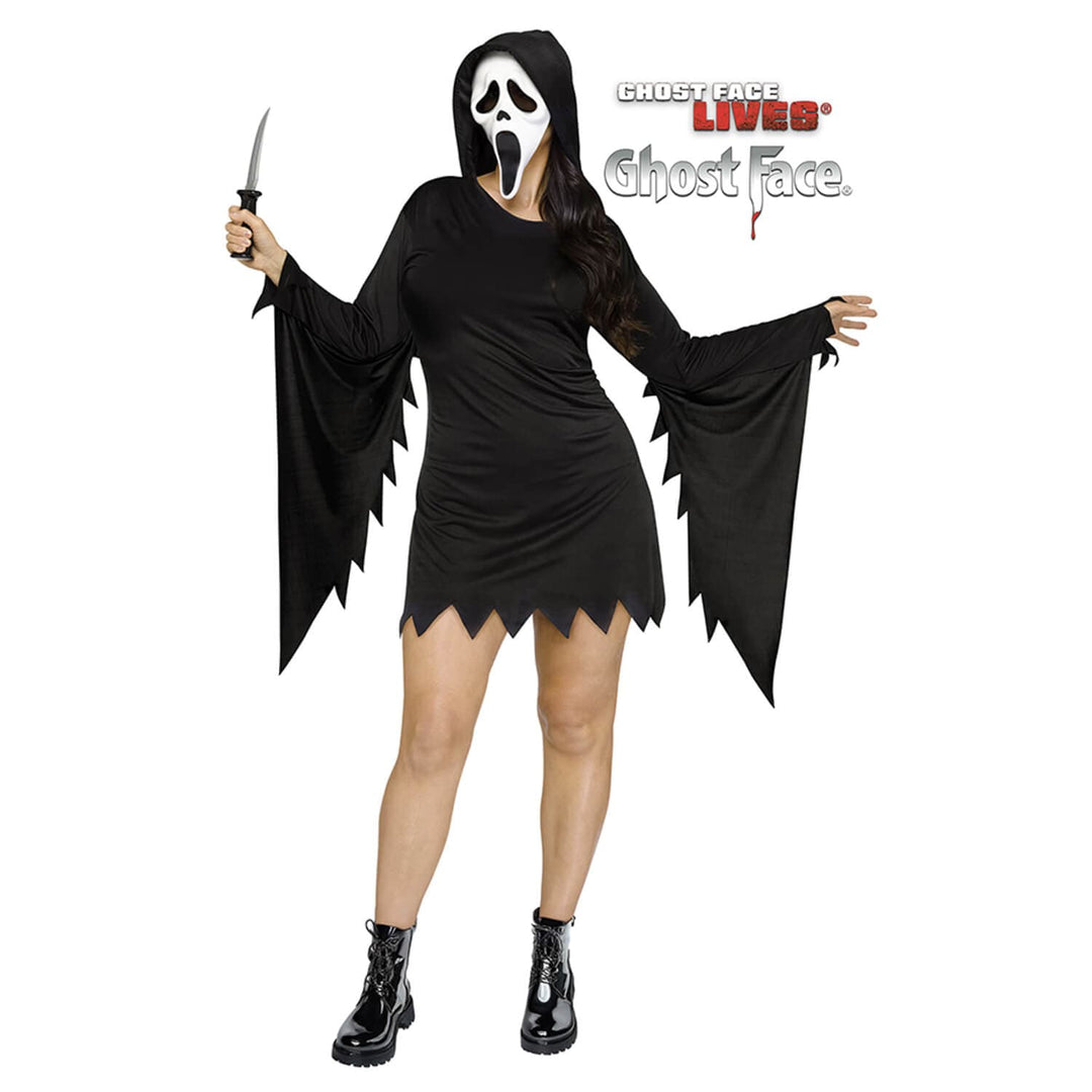Woman wearing a hooded short black dress with jagged edges and a white scream mask