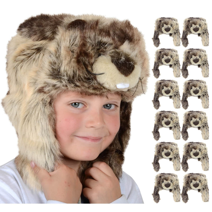 Child wearing a beaver design animal hat with 12 small hats on the side