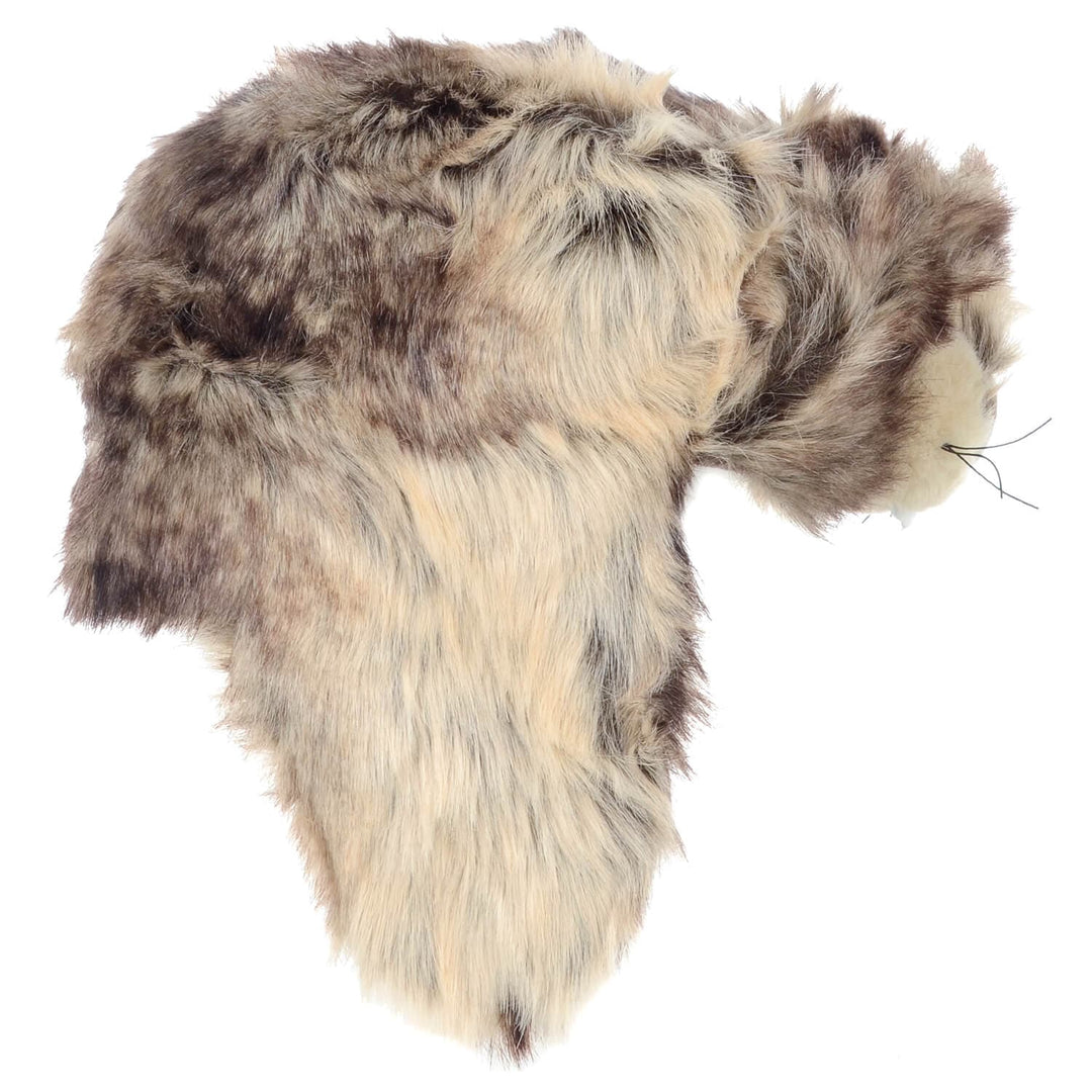 Side profile of a furry animal hat with long ear flaps