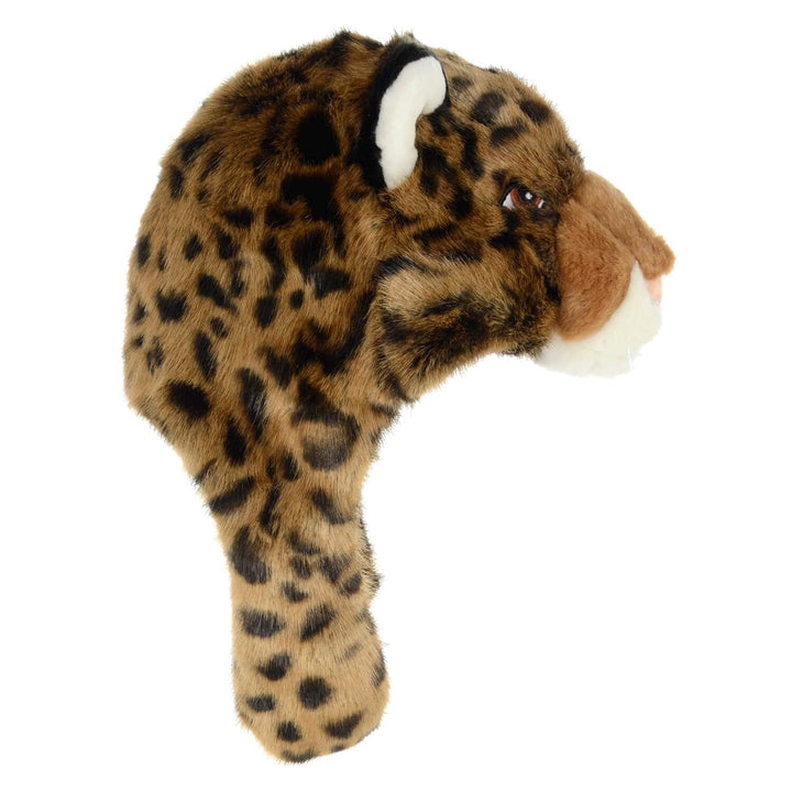 Side view of a kids leopard design winter hat with ear flaps