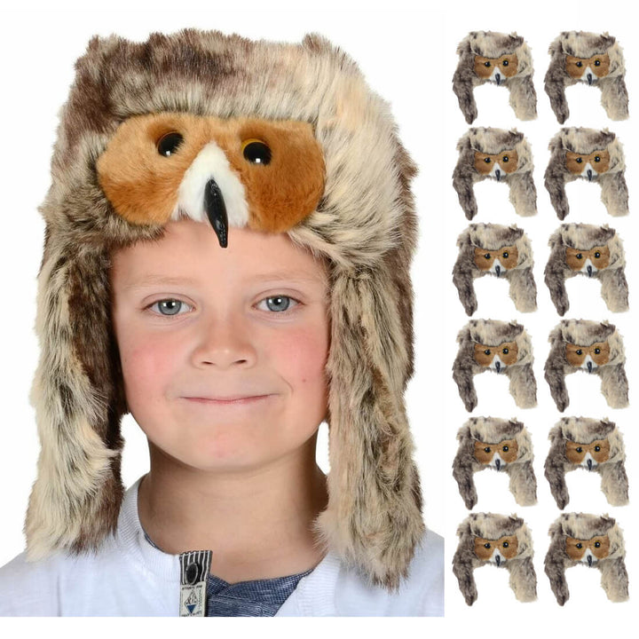 Child wearing a furry owl trapper hat with black beak and long ear flaps