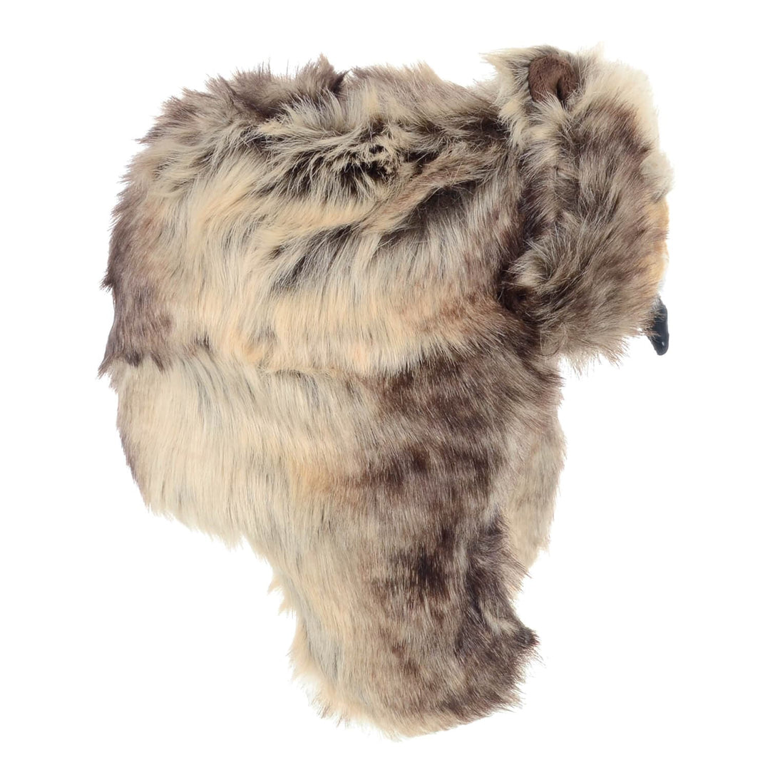Side view of a kids trapper hat with black beak