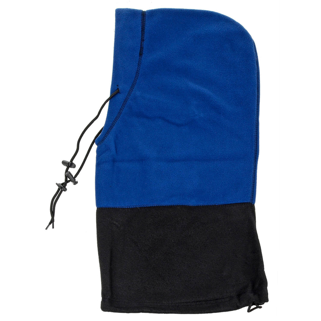 Blue and black fleece hood with adjustable toggles