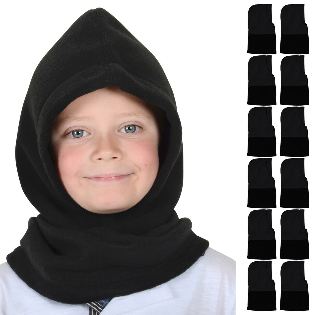 Child wearing a black hood with a plain background and additional black hoods displayed on the right.