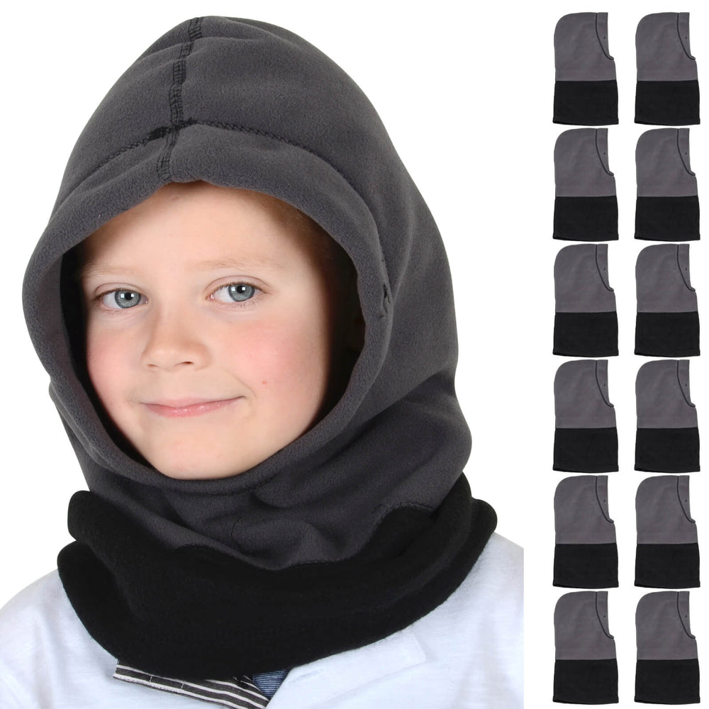 Child wearing a grey and black hood with 12 hoods displayed down the side.