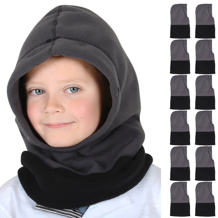 Child wearing a grey and black hood with 12 hoods displayed down the side.