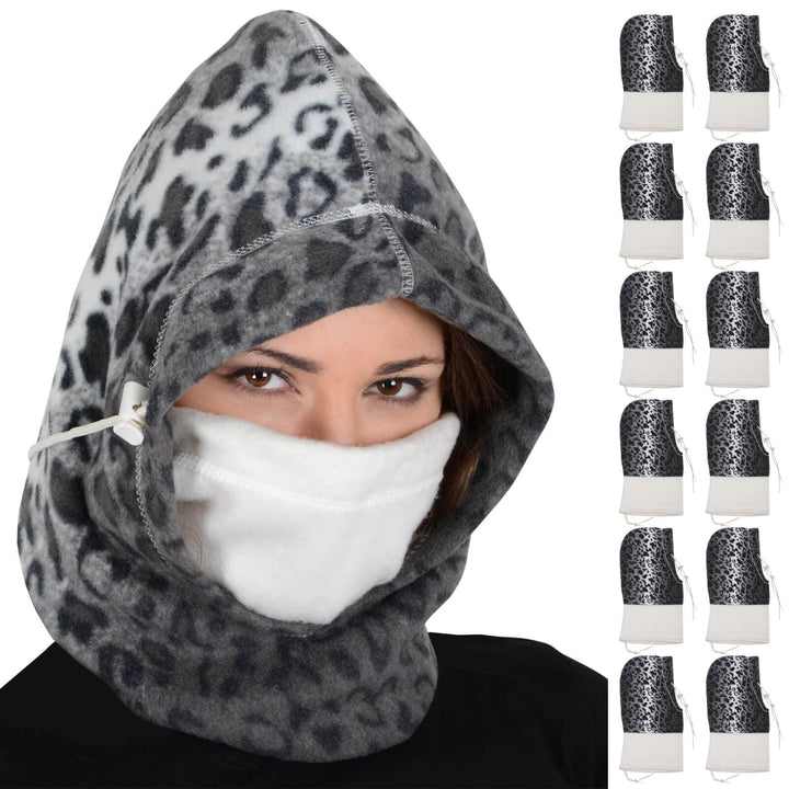 Bulk Pack of 12 Adult Polar Hood Fleece 6-in-1 Design Snow Leopard