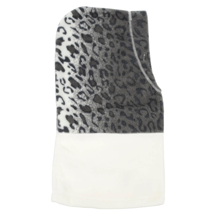 kids snow leopard print polar fleece hood laid flat on a white background