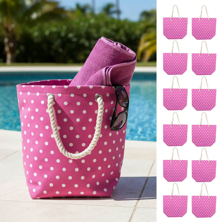 Pink polka dot beach bag with sunglasses and a pink towel by a poolside.