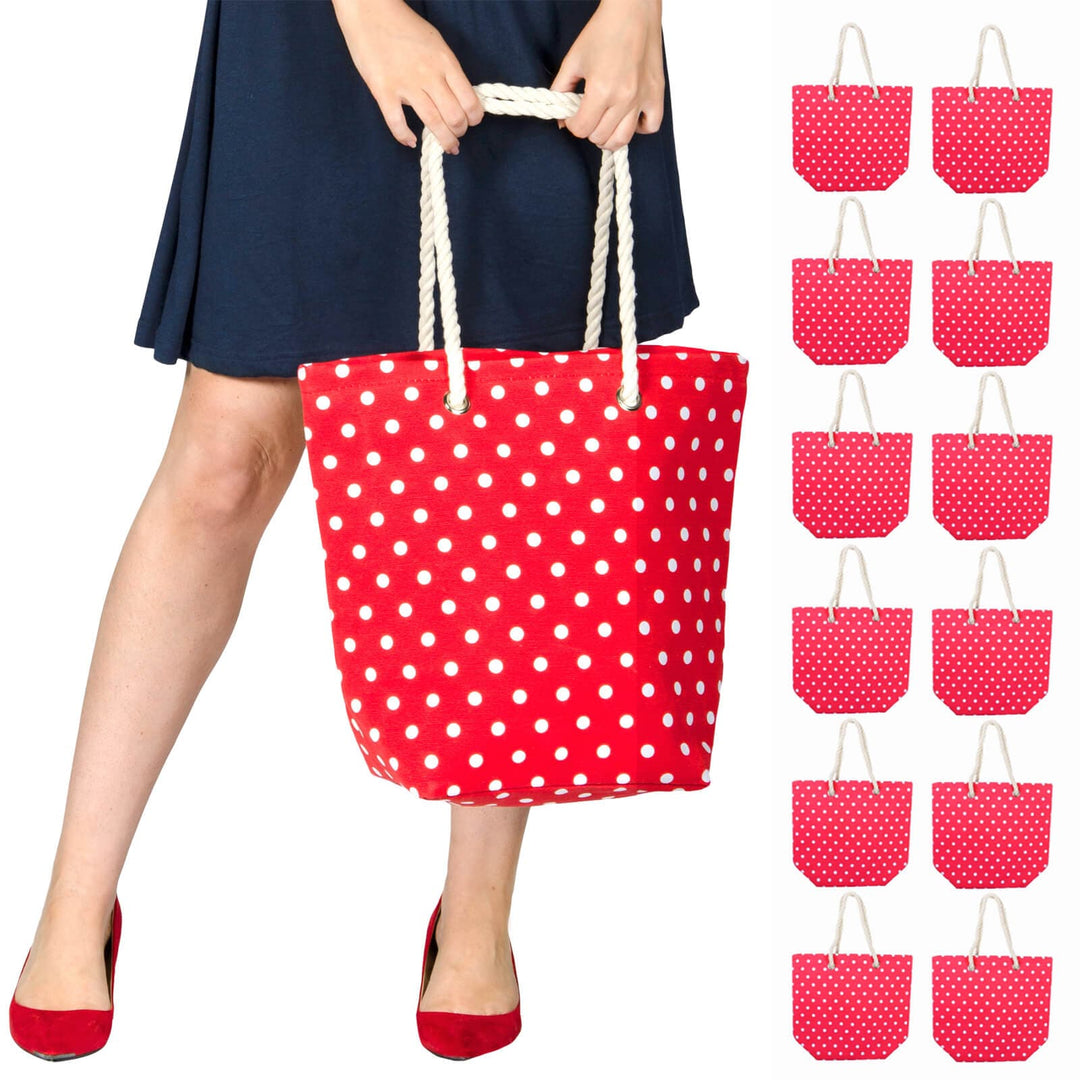 Red polka dot beach bag held by a person with multiple images of the bag on a white background.