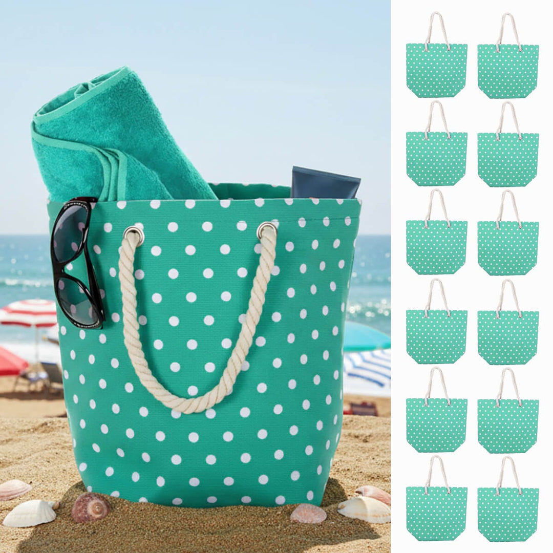 Green polka dot beach bag with towel and sunglasses on sand, sea background