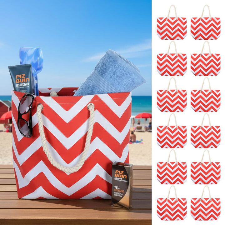 Red and white chevron beach bag on a table at the beach