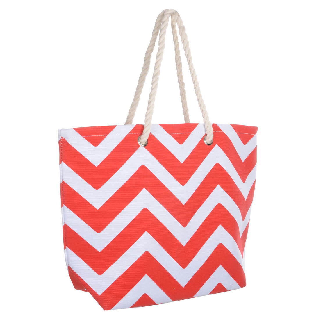 Bright red and white chevron tote bag on a white background
