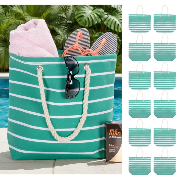 Bulk Pack of 12 Green Stripe Beach Bag Shoulder Tote (Slight Seconds)