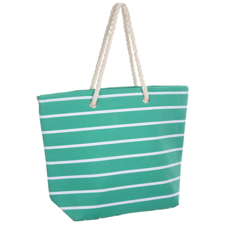 Green and white striped beach bag with rope handles on a white background