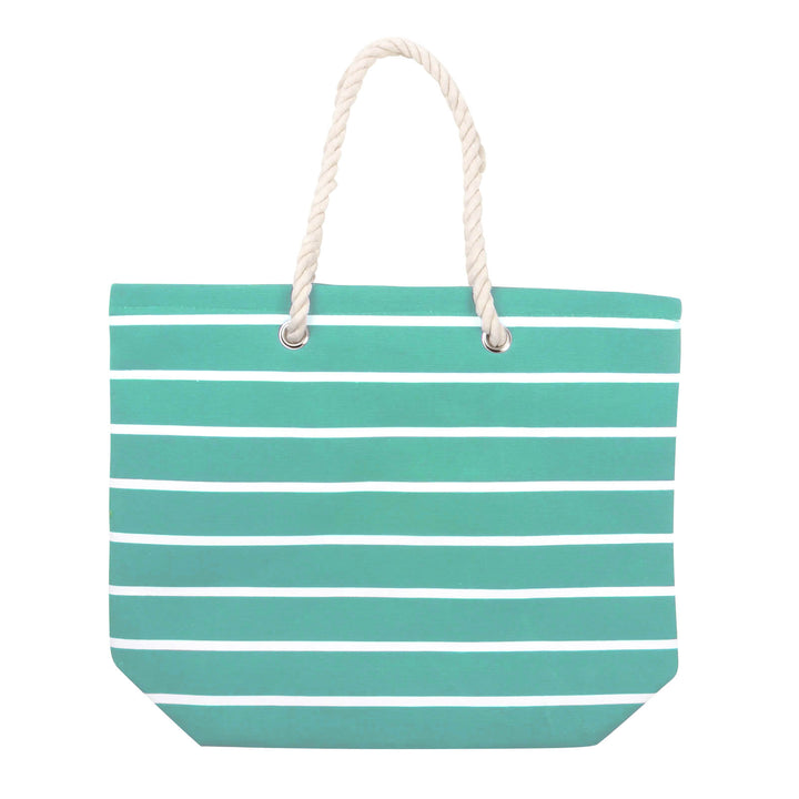 Green and white striped tote bag with rope handles on a white background