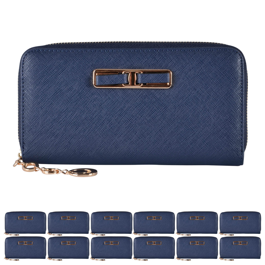 Navy purse with gold tone hardware and 12 smaller navy purses on a white background