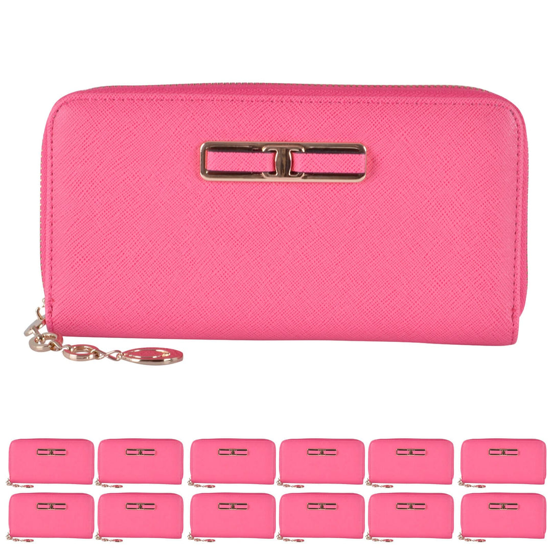 Pink purse with gold tone hardware and 12 smaller pink purses on a white background