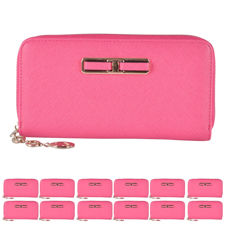 Pink purse with gold tone hardware and 12 smaller pink purses on a white background