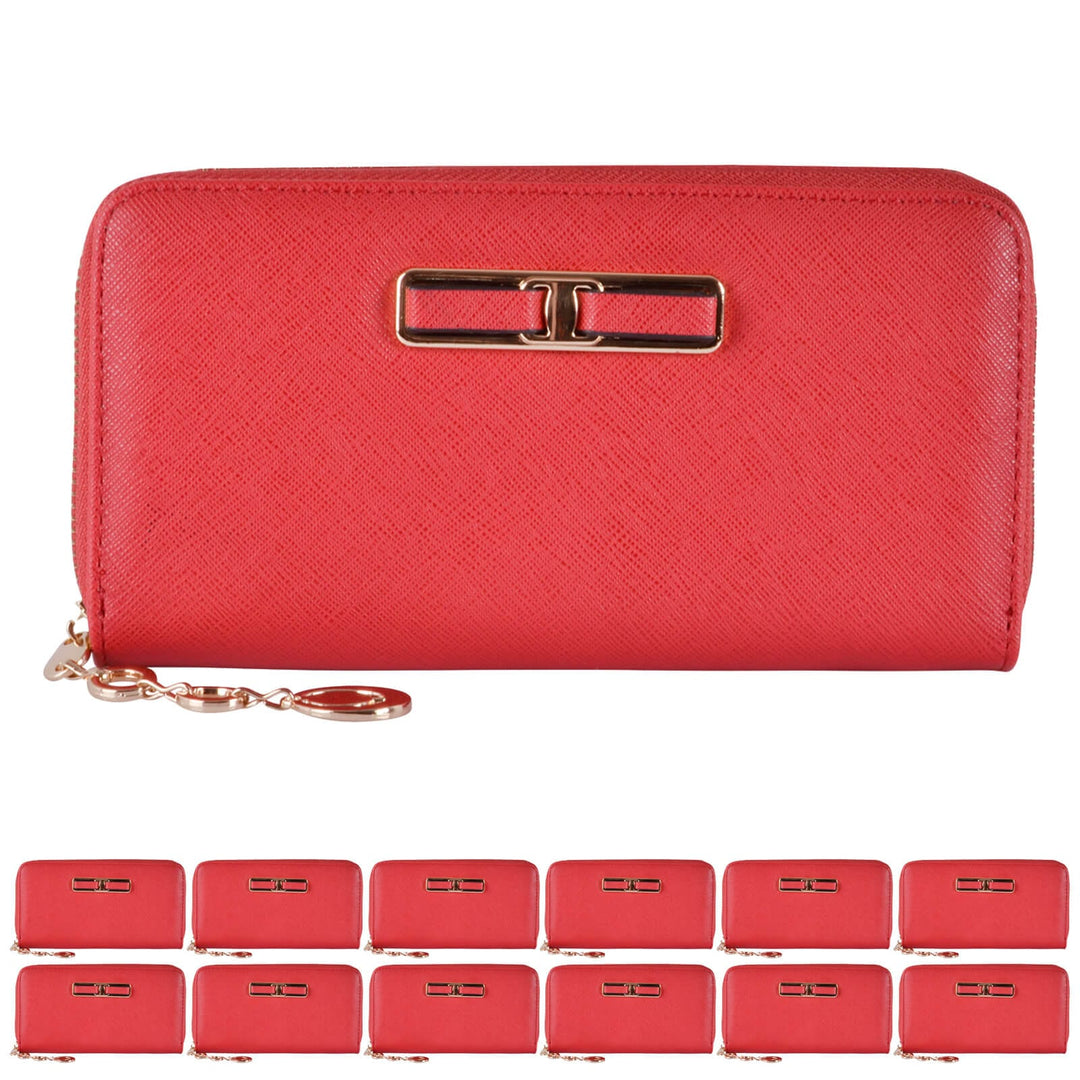 Red purse with gold tone hardware on a white background