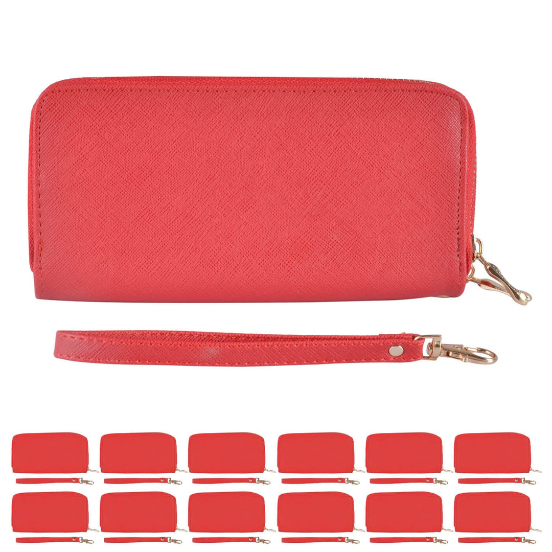 Red purse with a matching wrist strap on a white background with 12 other small purses